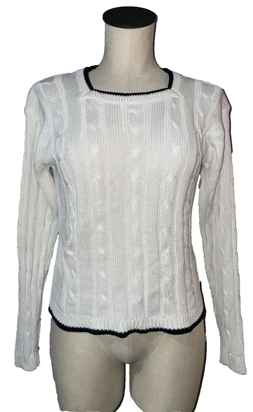 Jones NY Women’s Vintage CableKnit Square Neck Sweater size PS Coastal Old Money